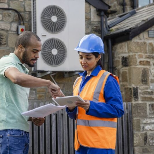 An air source heat pump on the side of a home being installed in the North East of England. The house is aiming to be sustainable. There is a construction worker with a hard hat and reflective jacket holding a digital tablet, talking to the home owner who is showing her documents.
